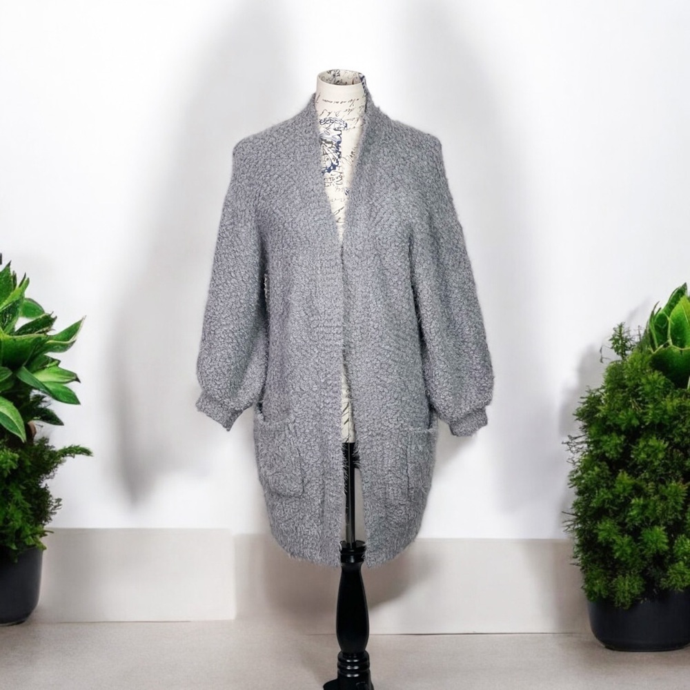 FRNCH Paris NWT Women's 3/4 Sleeve Solid Eyelash Oversized Cardigan Gray S/M - Picture 7 of 11